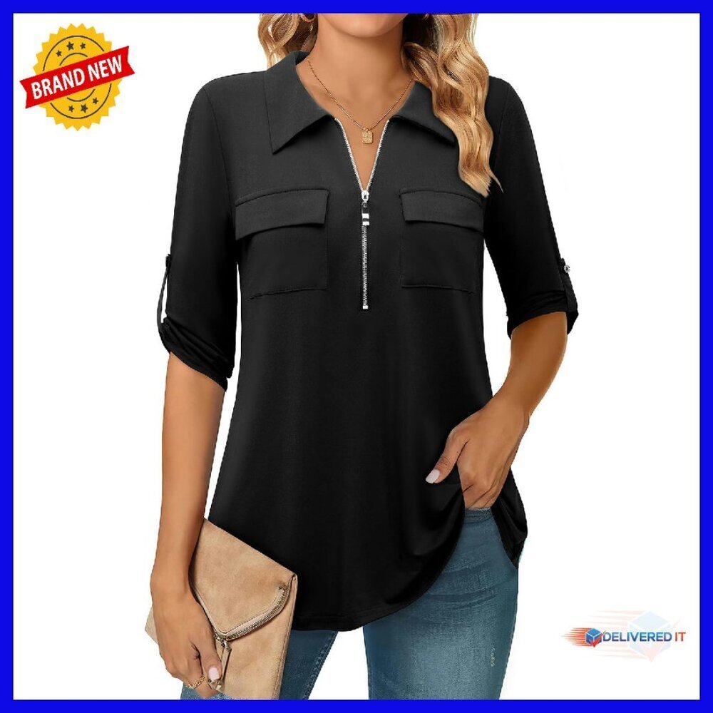 Women's 3/4 Sleeve Blouse Zip Front V Neck Loose Fit Tunic Top